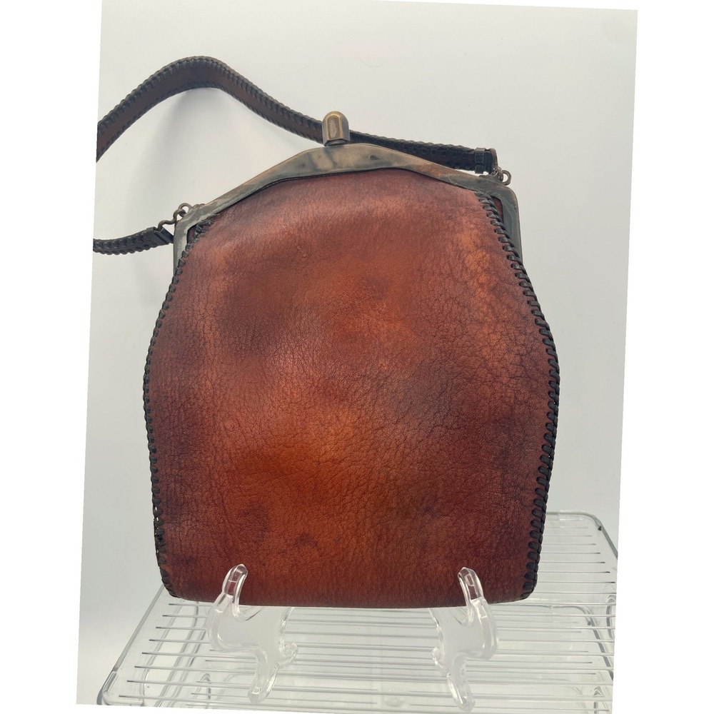 Vintage Tooled Leather Handbag Brown Art Nouveau Floral Embossed Frame Bag - Picture 3 of 12